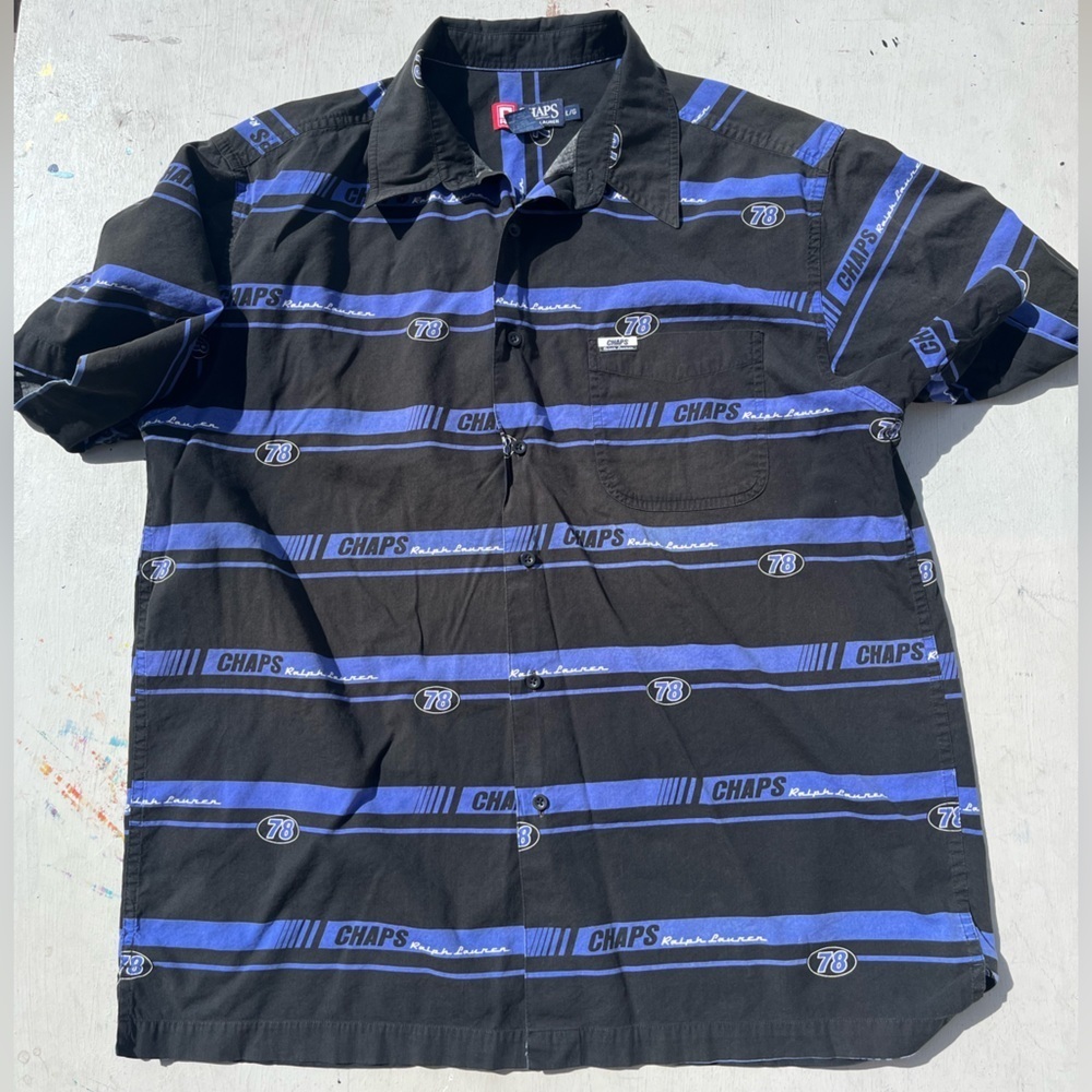 Men's Chaps Ralph Lauren Shirt  Multicolor Racing L Rally Stripes Stock Car Y2K